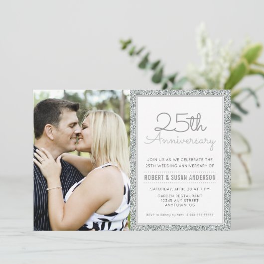 写真25周年記念結婚シルバーフェイクグリッター 招待状 (スタンド正面)