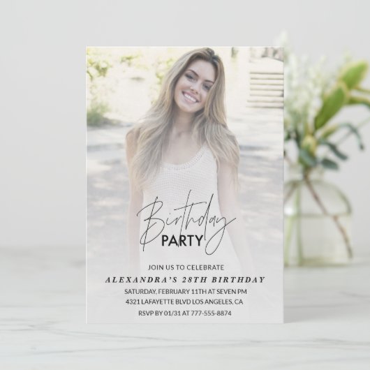 写真28歳の誕生日の招待Birthday Party Gray 招待状 (スタンド正面)
