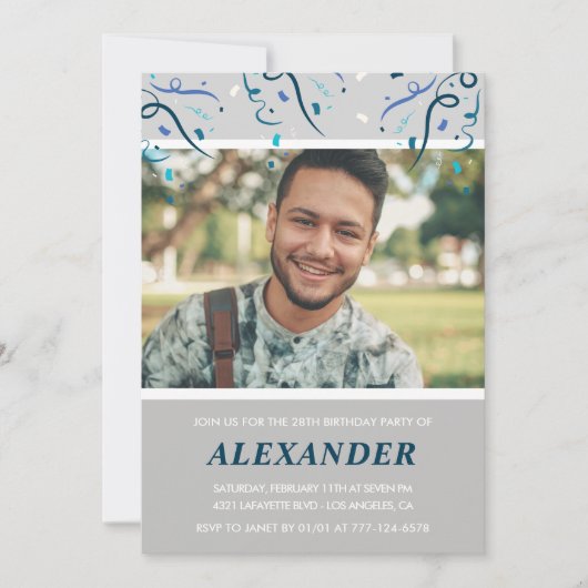 写真28歳の誕生日招待状彼ブルー紙吹雪 招待状 (正面)