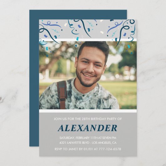 写真28歳の誕生日招待状彼ブルー紙吹雪 招待状 (正面/裏面)