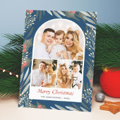 写真3モダン枚の冬の青い葉メリークリスマス シーズンカード