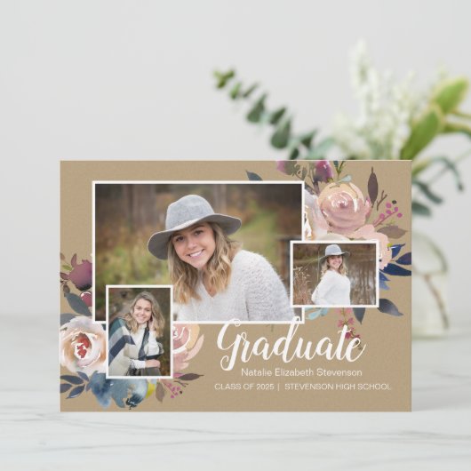 写真3人フローラタイポグラフィ卒業パーティー 招待状 (スタンド正面)