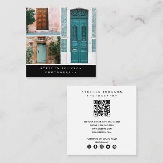 写真3写真QRコードソーシャルメディアのアイコン スクエア名刺 (正面/裏面)