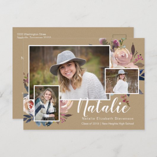 写真3名フローラパーソナライズされた卒業パーティー インビテーションポストカード (正面/裏面)