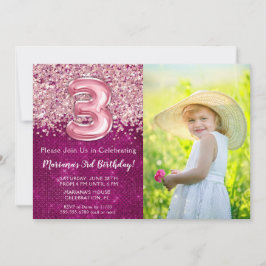 写真3回目の誕生日招待状マゼンタピンクグリッター 招待状