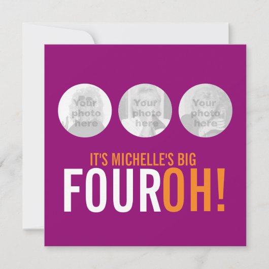 写真3枚40th FOUROH！写真の誕生日招待状 招待状 (正面)