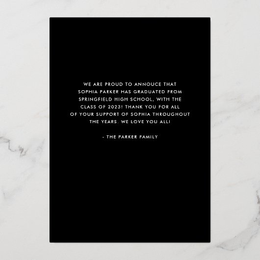 写真3枚 |ゴールドフォイルの卒業発表 箔招待状 (裏面)