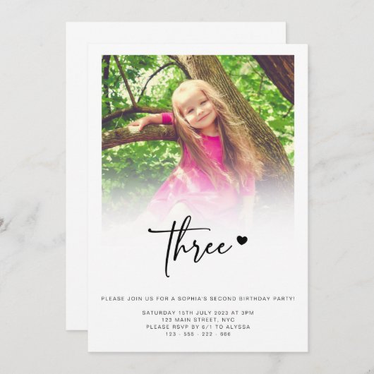 写真3歳の誕生日3人のハートかわいい素敵 招待状 (正面/裏面)
