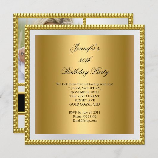 写真30th誕生日パーティーエレガント金ゴールド白 招待状 (正面/裏面)