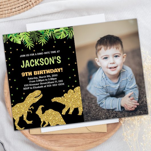 写真3 Dinoブラックグリッター恐竜誕生日 招待状