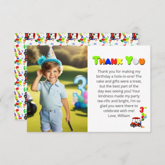 写真3rd誕生日レッドゴルフカート少年 サンキューカード (正面/裏面)