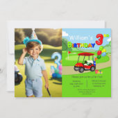 写真3rd誕生日レッドゴルフカート少年 招待状 (正面)