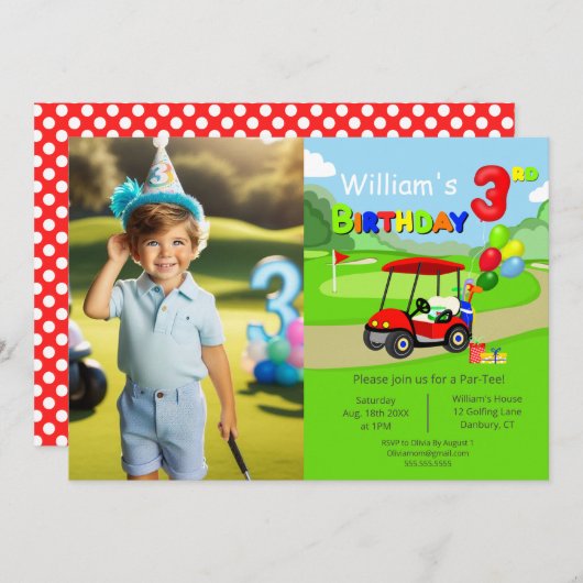 写真3rd誕生日レッドゴルフカート少年 招待状 (正面/裏面)