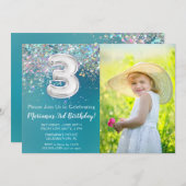 写真3rd誕生日招待状ティール（緑がかった色）シルバーグリッター 招待状 (正面/裏面)