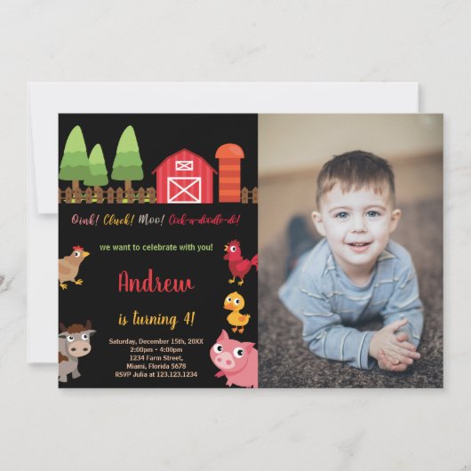 写真4歳 黒 赤 農場 動物 誕生日 招待状 (正面)