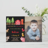 写真4歳 黒 赤 農場 動物 誕生日 招待状 (スタンド正面)