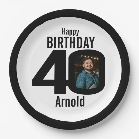 写真40歳の誕生日の白黒 ペーパープレート (正面)