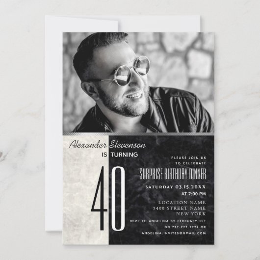 写真40歳の誕生日、白黒の大理石 招待状 (正面)