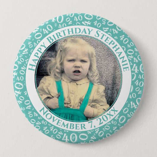 写真40th誕生日の番号パターン |ティール（緑がかった色） 缶バッジ (正面)