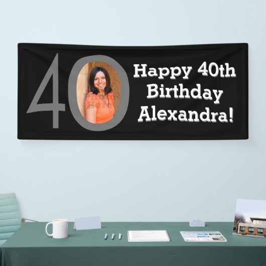 写真40th誕生日パーティーバナー白黒 横断幕 (トレードショー)