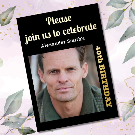 写真40th誕生日ブラック金ゴールド 箔招待状