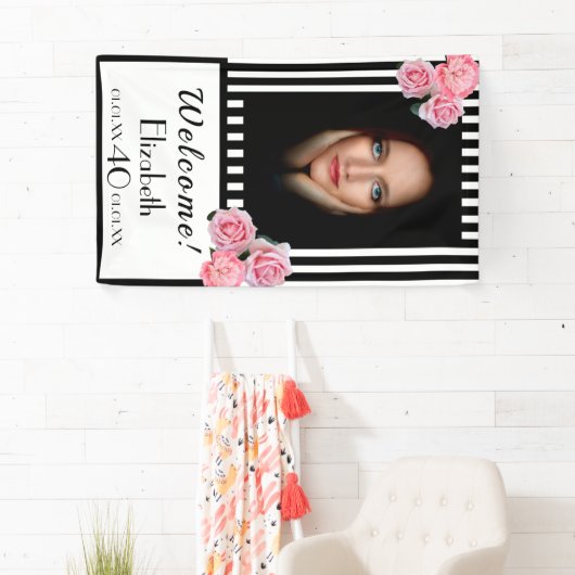 写真40th誕生日白黒ストライプ花模様 横断幕 (インサイチュ)