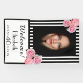 写真40th誕生日白黒ストライプ花模様 横断幕 (横)