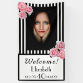 写真40th誕生日白黒ストライプ花模様 横断幕 (縦)