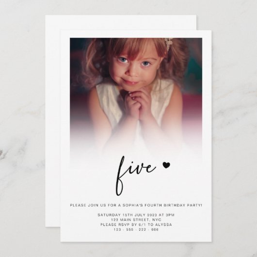 写真5誕生日5ハートかわいい素敵 招待状 (正面/裏面)