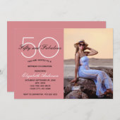 写真50と素晴らしいピンクの誕生日招待状 招待状 (正面/裏面)