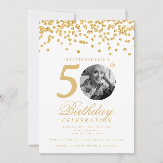 写真50エレガント番目の誕生日金ゴールド紙吹雪 招待状 (正面)