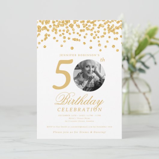 写真50エレガント番目の誕生日金ゴールド紙吹雪 招待状 (スタンド正面)