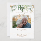 写真50周年記念パーティー金ゴールドの葉 招待状 (正面)