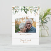 写真50周年記念パーティー金ゴールドの葉 招待状 (スタンド正面)