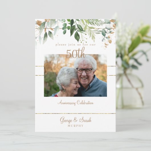 写真50周年記念パーティー金ゴールドの葉 招待状 (スタンド正面)