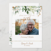 写真50周年記念パーティー金ゴールドの葉 招待状 (正面/裏面)