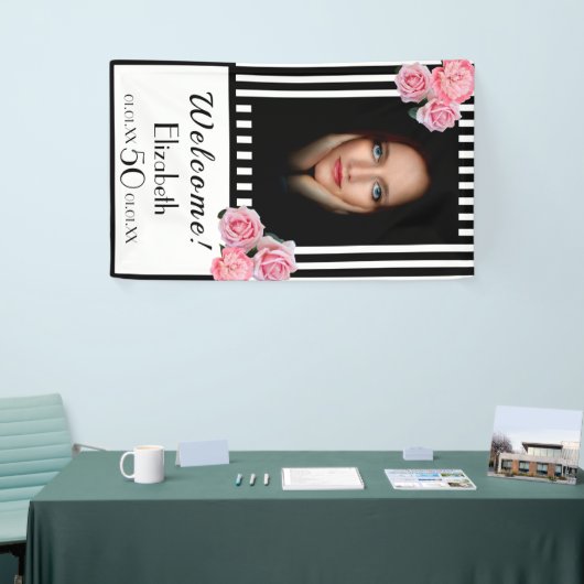 写真50歳の誕生日白黒ストライプ花模様 横断幕 (トレードショー)