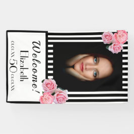 写真50歳の誕生日白黒ストライプ花模様 横断幕