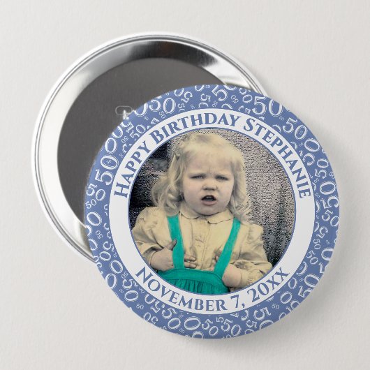 写真50番目の誕生日番号パターン |青 缶バッジ (正面&裏面)