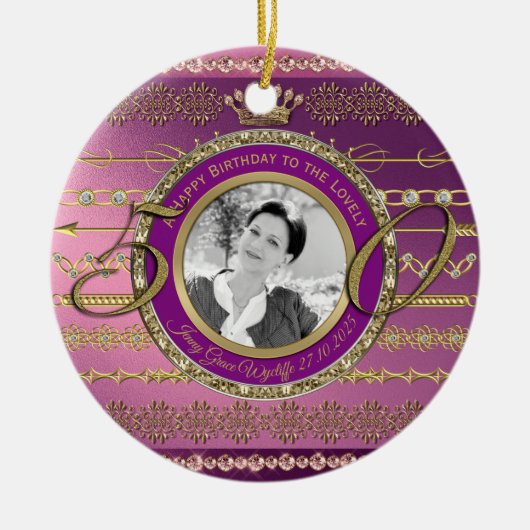 写真50誕生日クラウン金ゴールドダイヤモンドフレーム セラミックオーナメント (正面)