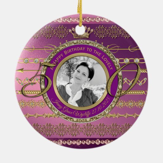 写真50誕生日クラウン金ゴールドダイヤモンドフレーム セラミックオーナメント (裏面)