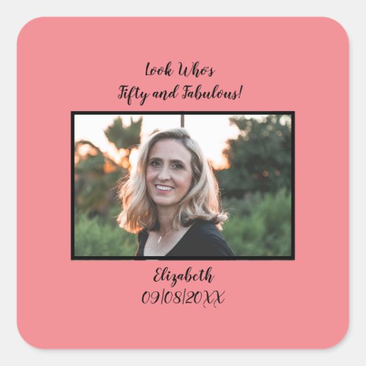 写真50誕生日ピンク50ファブラス スクエアシール (正面)