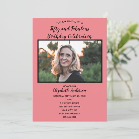 写真50誕生日ピンク50ファブラス 招待状 (スタンド正面)