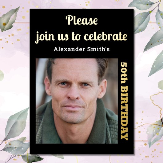 写真50誕生日黒金ゴールド 箔招待状