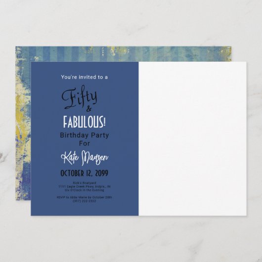 写真50 & FABULOUS 50th Birthday Party Blue 招待状 (正面/裏面)