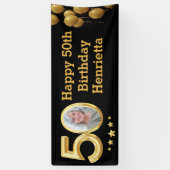 写真50thバースデーパーティーバナーブラック金ゴールド 横断幕 (縦)