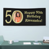写真50th誕生日パーティバナーブラック/金ゴールド 横断幕 (トレードショー)