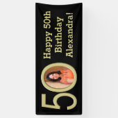 写真50th誕生日パーティバナーブラック/金ゴールド 横断幕 (縦)