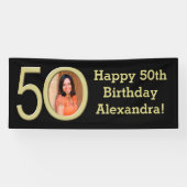 写真50th誕生日パーティバナーブラック/金ゴールド 横断幕 (横)