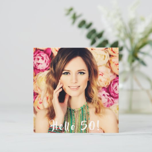 写真50th誕生日パーティーこんにちは50歳のバラ金ゴールド 招待状 (スタンド正面)